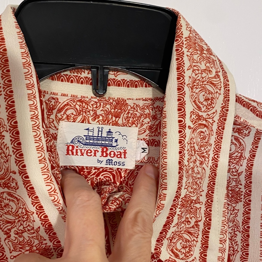 70s River Boat By Moss Patterned Polyester Button Up Shirt Vintage Red Cream M - Picture 4 of 6